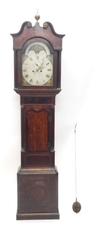 A 19thC moon rolling longcase clock, the painted arched Roman numeric dial with a painted arch, 31cm wide dial with shell spandrels, globe stencilling, subsidiary second hand and date aperture, above a shaped trunk door with shell inlay, on a block base, 