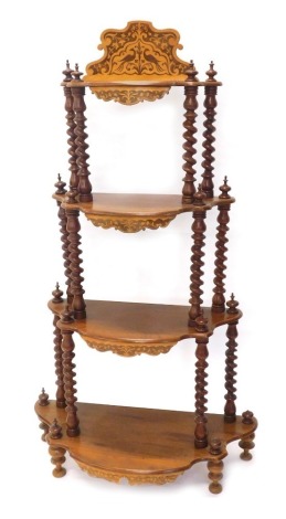 A 20thC graduated four tier whatnot, with barley twist supports, on bun feet, with a stencilled top, 130cm high.