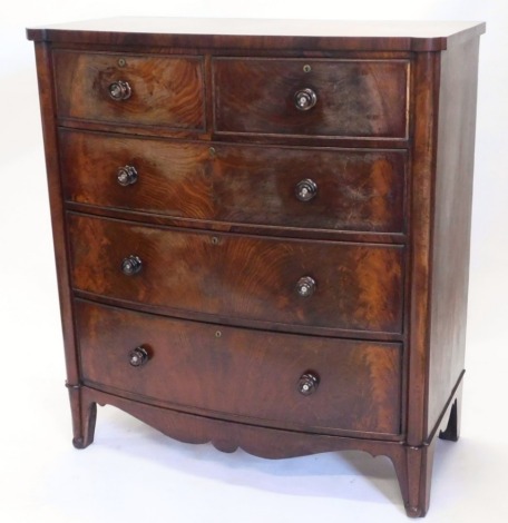 A Victorian mahogany chest of two short and three long cock beaded drawers, on splayed feet, 130cm high, 116cm wide, 54cm deep.