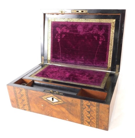 A 19thC walnut Tunbridge ware dome topped writing slope, heavily inlaid with a lattice banding, with diamond mother of pearl escutcheon and cartouche, with fitted interior, 16cm high, 36cm wide, 21cm deep.