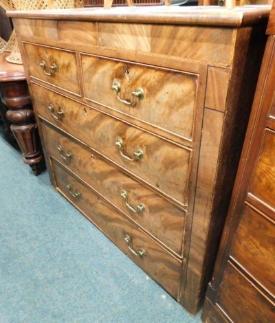 An 18thC flame mahogany chest, of two short and three long cock beaded drawers, 104cm high 120cm wide 51cm deep. (AF)