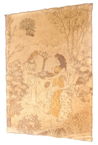 A 20thC French embroided wall hanging, decorated with figures and trees, gold colours.