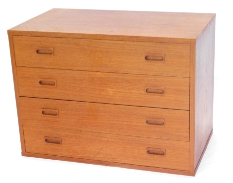 A 1970s teak four drawer chest, with cup handles, 58cm high, 78cm wide, 49cm deep.