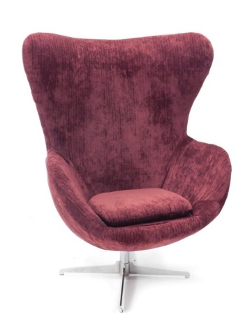 A vintage chrome framed swivel chair, After Arne Jacobsen with deep seat and high back, in textured purple material, on X shaped base, 123cm high.