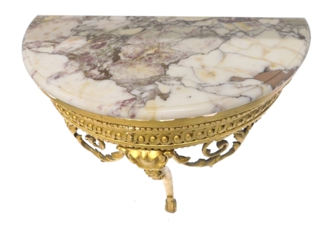 A 20thC giltwood console table, with veined marble finish top, with single acanthus carved leg and scroll and bead embellishments, 88cm high.