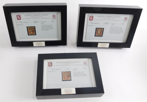 A Stanley Gibbons 1841 penny red framed stamp, with four margin lettered EL26, framed with paperwork, two others 1841. (3)