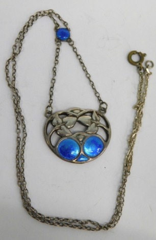 A silver Art Nouveau pendant, by Charles Horner, blue enamelled sections, 4cm high, attached to a slender link chain, date letter worn.