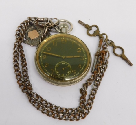 A 20thC chrome plated open faced pocket watch, with 5cm diameter black Arabic dial, with subsidiary Arabic second hand, attached to a base metal necklace with part silver fob.