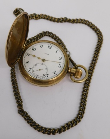 A 20thC gold plated Dennison Star Hunter pocket watch, in plain case, the 4cm diameter Arabic dial with subsidiary Arabic second hand marked Rone, attached to a gold plated watch chain, 43cm long.