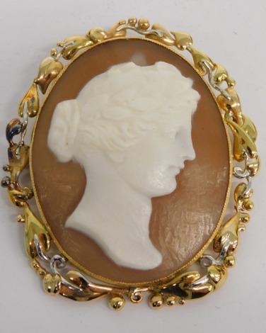 A 20thC cameo brooch, head profile, in a tricolour mount, with plain pin back, unmarked, 5cm high.