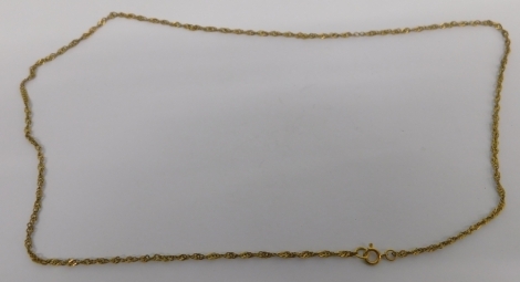 A 9ct gold slender link necklace, 40cm long, 1.7g.