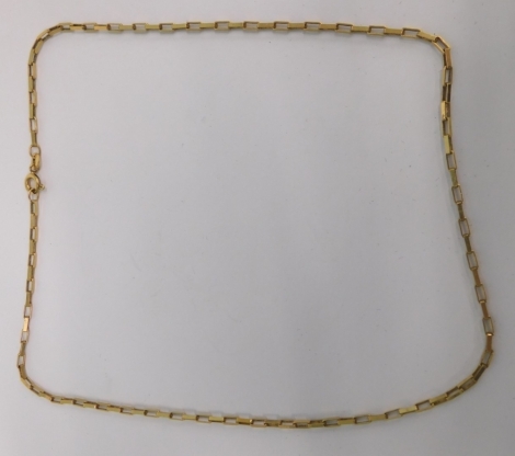 A yellow metal slender link necklace, marked 375, 38cm long, 4.1g.