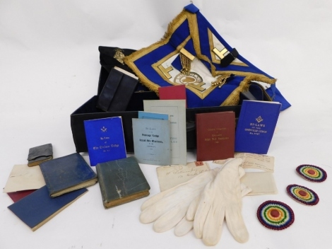 Various Masonic regalia, in a black leather case marked FN Patman Lincoln, to include epaulettes, a Grenville Lodge number 1787 marked Bro F Patman book sleeve, various ephemera, Bi-Laws of the Early of Yarborough Lodge, and other booklets, a George Kenni