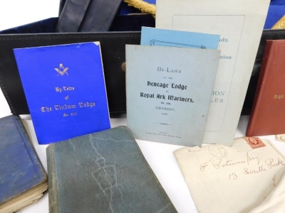 Various Masonic regalia, in a black leather case marked FN Patman Lincoln, to include epaulettes, a Grenville Lodge number 1787 marked Bro F Patman book sleeve, various ephemera, Bi-Laws of the Early of Yarborough Lodge, and other booklets, a George Kenni - 2