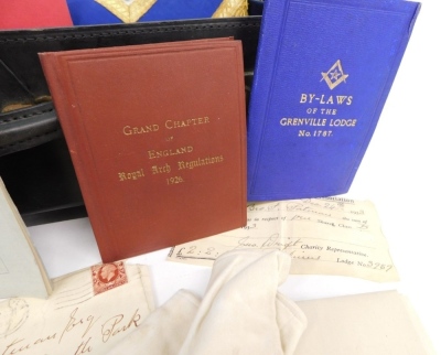 Various Masonic regalia, in a black leather case marked FN Patman Lincoln, to include epaulettes, a Grenville Lodge number 1787 marked Bro F Patman book sleeve, various ephemera, Bi-Laws of the Early of Yarborough Lodge, and other booklets, a George Kenni - 3