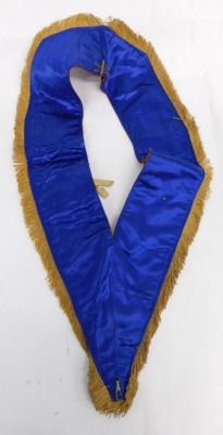 A Masonic sash, set with four jewels, silver gilt set square marked Presented to Wor Bro F Patman November 1935, a Heneage Ark Marineres Lodge number 188 N silver gilt jewel, and two others, on a Lindum sash. - 4