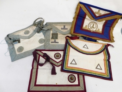 A Masonic Royal Ark Mariners Lodge apron, marked F Patman, Grimsby 1924, 39cm wide, a George Kenning and Sons label apron, another Sutcliffe Lodge number 188, Earl of Yarborough Lodge number 2770 marked F Patman, and another unmarked.