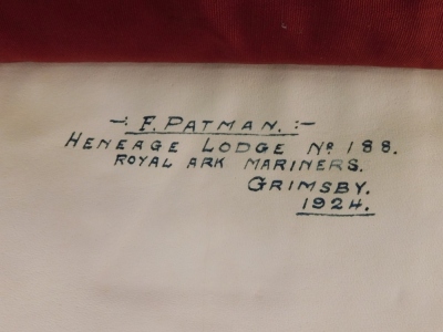 A Masonic Royal Ark Mariners Lodge apron, marked F Patman, Grimsby 1924, 39cm wide, a George Kenning and Sons label apron, another Sutcliffe Lodge number 188, Earl of Yarborough Lodge number 2770 marked F Patman, and another unmarked. - 3