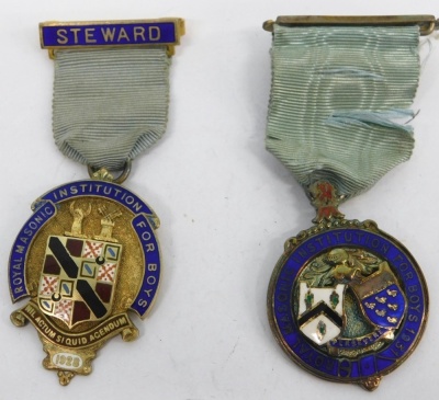 Two Royal Masonic Institution for Boys silver gilt and enamel jewels, with Steward clasps to the ribbon, 8cm high, in associated Hewitt and Sons box.