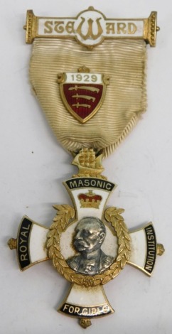 A Royal Masonic Institution for Girls silver gilt and enamel Masonic jewel, with 1929 shield and Steward clasp to the ribbon, 9cm high.