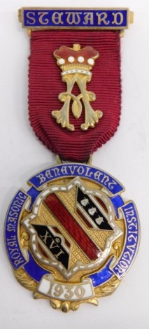 A Royal Masonic silver gilt Benevolent, with crown emblem and Steward clasp to the ribbon, 9cm high.