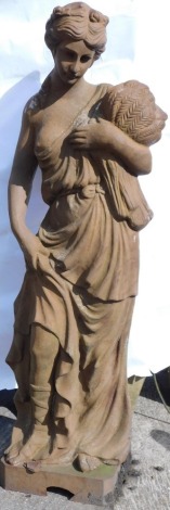 A large and heavy 20thC cast iron garden statue, figure of a lady in flowing classical robes holding wheat sheaf, on a plinth base, (AF) 178cm high.