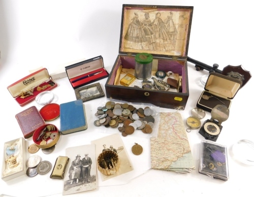 Various 19thC and other coins, low denomination world coins, etc., a rosewood jewellery box, St Christopher pendant, oak shield back plaque (AF) , black and white photographs, whistle, other bygones, collectables, etc., a Rone case containing plated cuffl