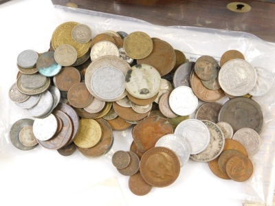 Various 19thC and other coins, low denomination world coins, etc., a rosewood jewellery box, St Christopher pendant, oak shield back plaque (AF) , black and white photographs, whistle, other bygones, collectables, etc., a Rone case containing plated cuffl - 2