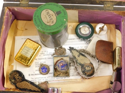 Various 19thC and other coins, low denomination world coins, etc., a rosewood jewellery box, St Christopher pendant, oak shield back plaque (AF) , black and white photographs, whistle, other bygones, collectables, etc., a Rone case containing plated cuffl - 3