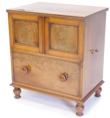 A 19thC mahogany box commode, the hinged panel front above single drawer on turned legs with brass side handles and fitted interior, 76cm high 67cm wide 49cm deep. - 2