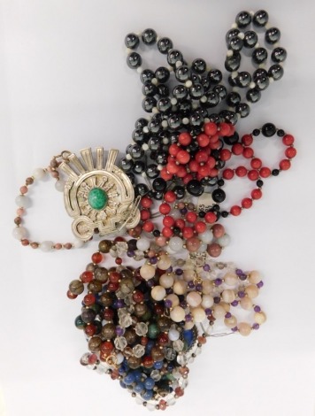 A group of semi precious and other stone set jewellery, to include rock crystal, amethyst, lapis lazuli, and others, with mainly silver and some yellow metal clasp. (a quantity)