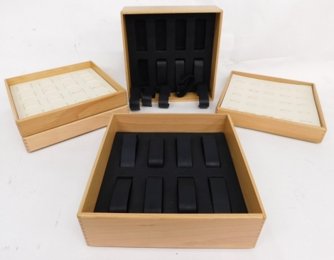 A group of beech finish jewellery display trays, for rings and watches. (5)