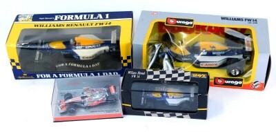 Burago, Minichamps, and other diecast F1 cars, including Vodafone McLaren Mercedes MP4-23 Lewis Hamilton 2008, Williams FW14, Nigel Mansell's Williams Renault FW14, and Onyx Formula 1 Models Williams Renault FW14. (4)