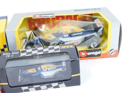 Burago, Minichamps, and other diecast F1 cars, including Vodafone McLaren Mercedes MP4-23 Lewis Hamilton 2008, Williams FW14, Nigel Mansell's Williams Renault FW14, and Onyx Formula 1 Models Williams Renault FW14. (4) - 3