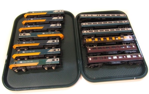 Hornby class 43 HST locomotive sets and rolling stock, including Inter City 125 Inter City coaches, Pullman coaches, and LMS coaches. (2 trays)