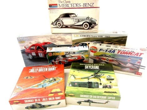 Airfix, Heller, and other model kits, including Airfix Ferrari 250 LM, Heller Mitsubishi Lancer WRC 01, Citroen Zara WRC 2001, Monogram Mercedes Benz 1939 Supercharged 540K, etc. (1 box)