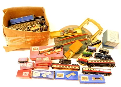 Hornby OO three rail locomotives, rolling stock, and accessories, including three rail track, D1 signal box, TPO Mail van set, Esso Fuel Oil tank wagon, etc. (2 boxes)