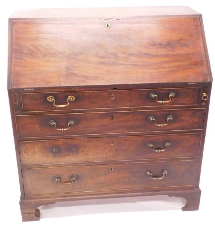 A George III flame mahogany bureau, with fall flap revealing a fitted interior, over four graduated drawers with brass swan neck handles, and bracket feet, 102cm wide.