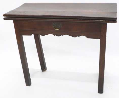 A George II mahogany and elm tea table, with rectangular folding top, frieze drawer and moulded square legs, 95cm wide. (AF)