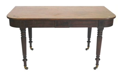 A George IV mahogany table D end, with reeded legs and brass castors, 137cm wide, 72cm deep.