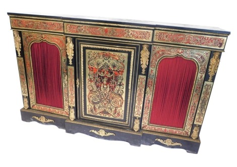 A Victorian ebonised Boulle breakfront side cabinet, with gilt metal mounts and contra-parti brass and tortoiseshell strap work and panelling, the doors with silk pleats, 105cm high, 176cm wide, 38cm deep.