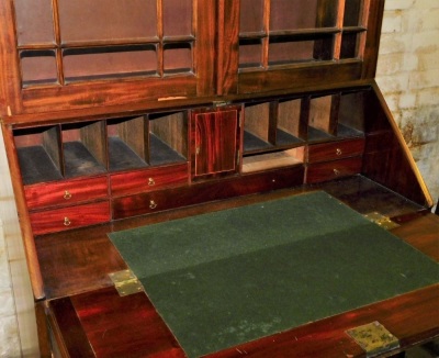 A 19thC plum pudding mahogany bureau bookcase, with moulded cornice over two astragal glazed doors, the fall flap resting on lopers and revealing fitted interior, over four graduated drawers with bracket feet, 232cm high, 100cm wide. - 2