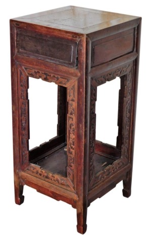 A 19thC Chinese hardwood tea table, 92cm high, 42cm square.