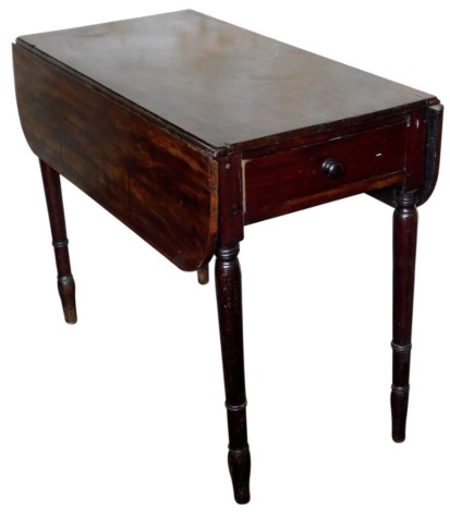 A 19thC mahogany Pembroke table, with frieze drawer and turned legs, 73cm high, 90cm wide, 47cm.