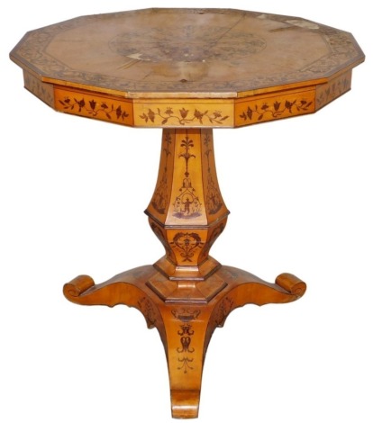 A 19thC Continental, possibly Scandinavian, octagonal centre table, with arabesque marquetry top (AF), hexagonal baluster with dancing figures, etc., on three down swept feet, 82cm high, 85cm diameter.