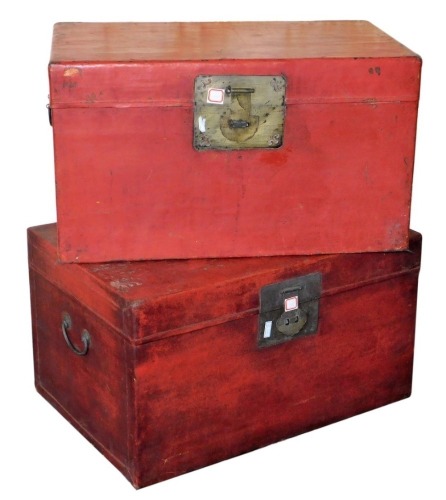 Two Chinese red lacquer finish travel trunks, 78cm wide. (2)