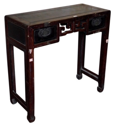 A Chinese hardwood side table, 87cm high, 92cm wide, 38cm deep.