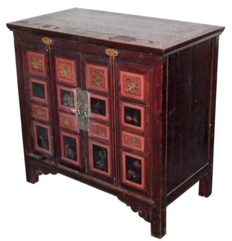 A Chinese cherrywood and lacquer cabinet, 85cm high, 88cm wide, 50cm deep.