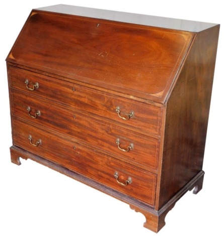 A George III mahogany bureau, with shell quartered fall flap, with leather skiver, and satinwood inlaid fitted interior, over three graduated drawers with brass swan neck handles, and bracket feet, 120cm high, 120cm wide, 46cm.