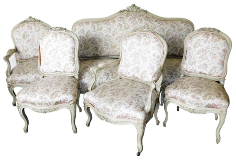 A French style salon suite, with canape, a pair of fauteils and two side chairs, with green painted frame and floral tapestry upholstery, sofa 184cm over arms. (5)